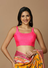 Pink Silk Sleeveless Round Neck Readymade Blouse