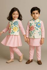 Pink & White Kurta Set With Jacket
