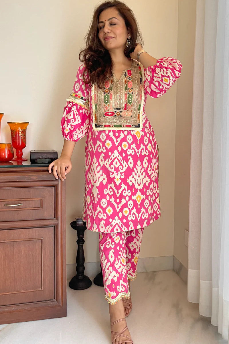 Pink Ikat Yoke Kurta Set – By Reet Lifestyle