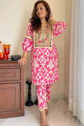 Pink Ikat Yoke Kurta Set – By Reet Lifestyle