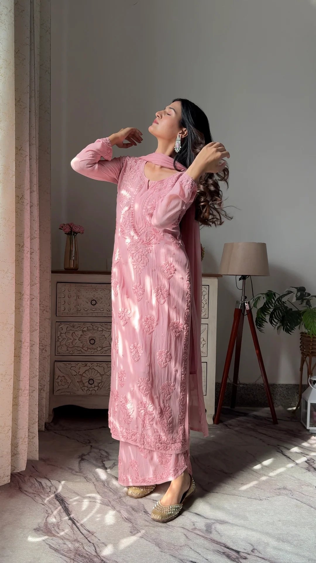 Mocha Blossom Viscose Georgette Straight Chikankari Kurta Set