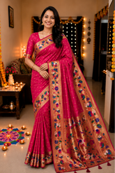 Rajhans Rani Pink Soft Silk Paithani Saree with Copper Zari Lotus Pallu