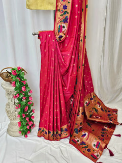 Rajhans Rani Pink Soft Silk Paithani Saree with Copper Zari Lotus Pallu
