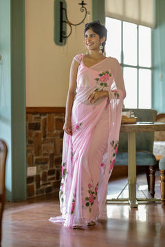 Gulrooh Hand-Painted Pure Chiffon Saree with Blouse
