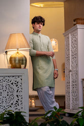 Pista Green Mirror Work Kurta for Men