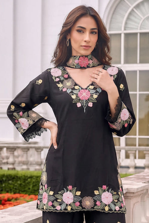 Moodnight Bloom Embroidered Palazzo Cord Set