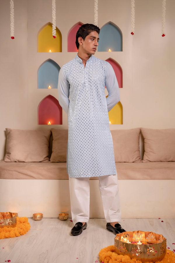 Powder Blue Lucknowi Chikan Mirror Kurta for Men