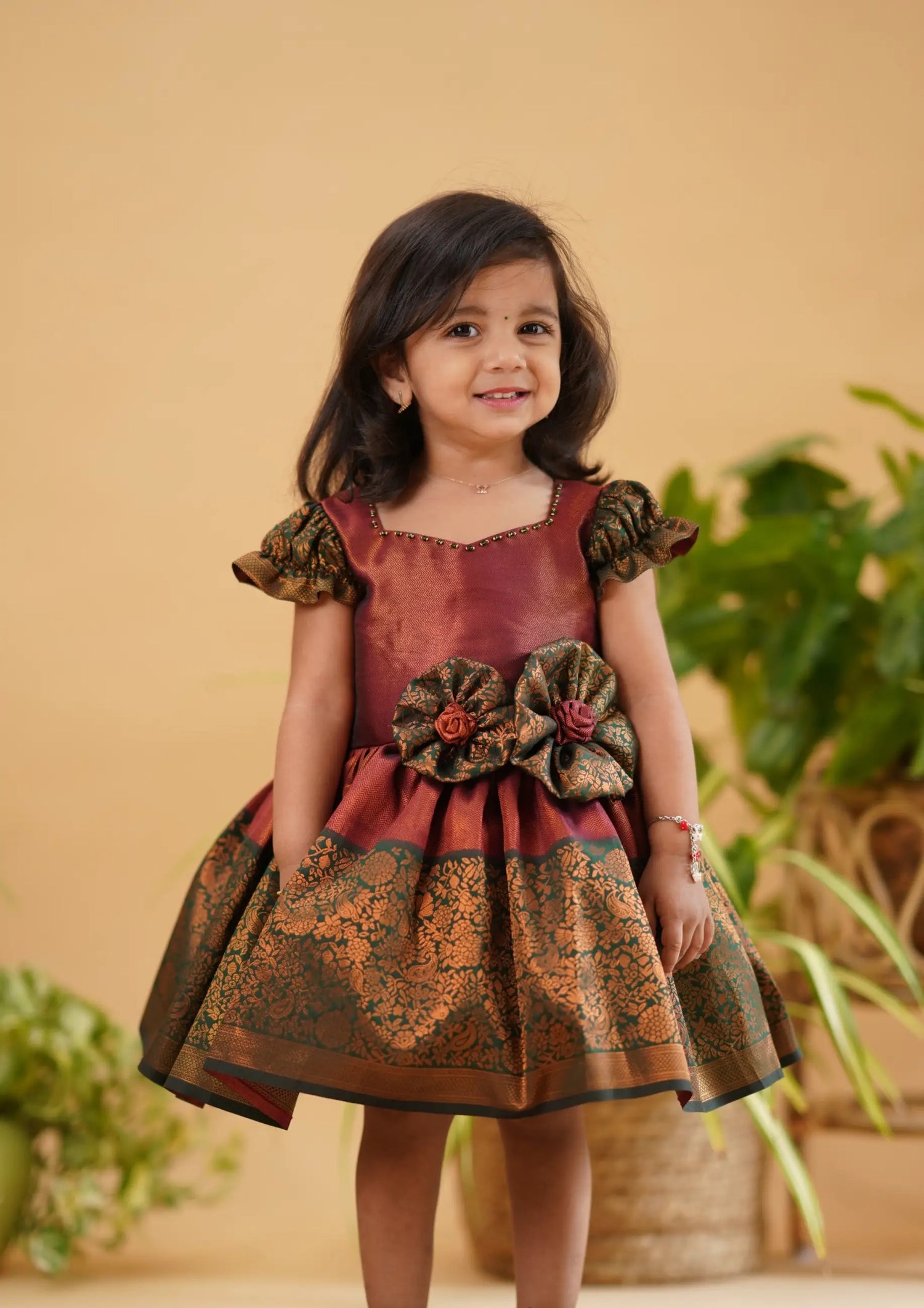 Princess Maroon Green Silk Frock