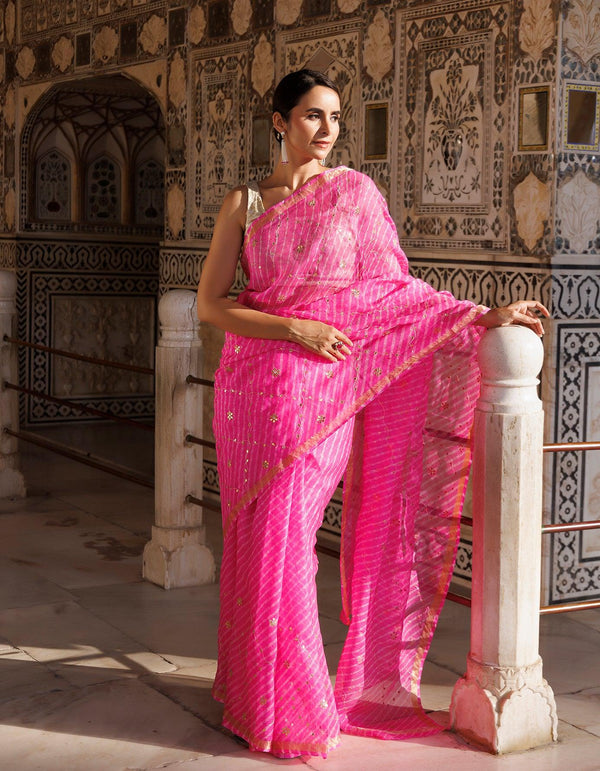 Pink Hand Embroidered Gota Patti Pure Kota Silk Mothra Saree