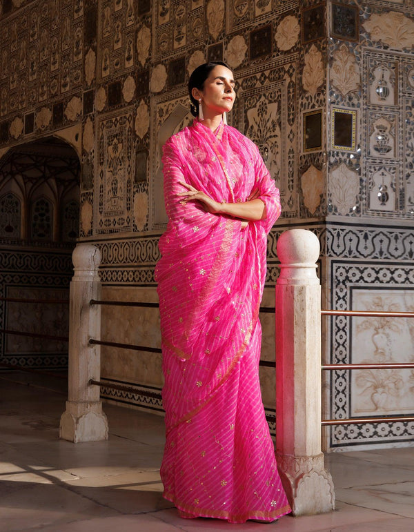 Pink Hand Embroidered Gota Patti Pure Kota Silk Mothra Saree