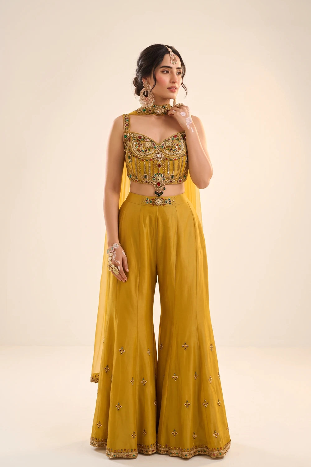 Golden Embroidered Crop-Top & Palazzo Set