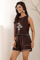 Brown Linen Embroidered Summer Co-ord Set