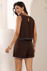 Brown Linen Embroidered Summer Co-ord Set