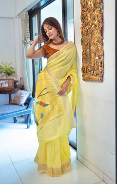 Pure Cotton Handloom Paithani Saree Lemon Yellow Designer Edition