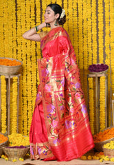 Tomato Red Paithani Saree With Handcrafted Peacock Pallu