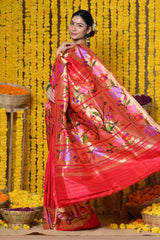 Tomato Red Paithani Saree With Handcrafted Peacock Pallu