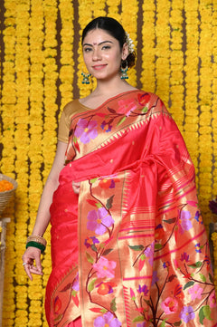 Tomato Red Paithani Saree With Handcrafted Peacock Pallu