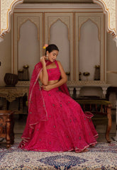 Women's Rani Pink Bandhej Georgette Lehenga Set