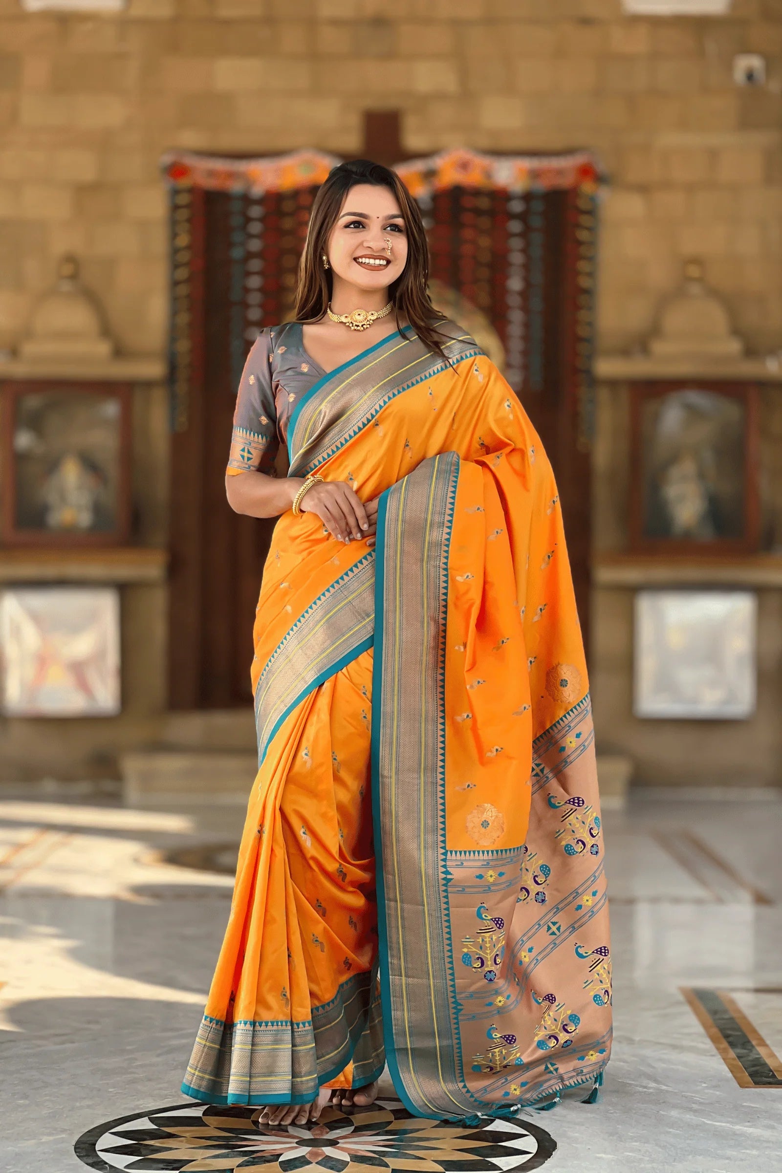 Ready to Wear Saffron Silk Paithani Saree