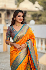 saffron silk paithani saree