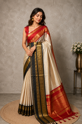 Crimson Semi Kanchipuram Silk Saree with Regal Zari Borders