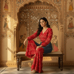Bandhani Print Co-Ord Set with Flared Denim Pants