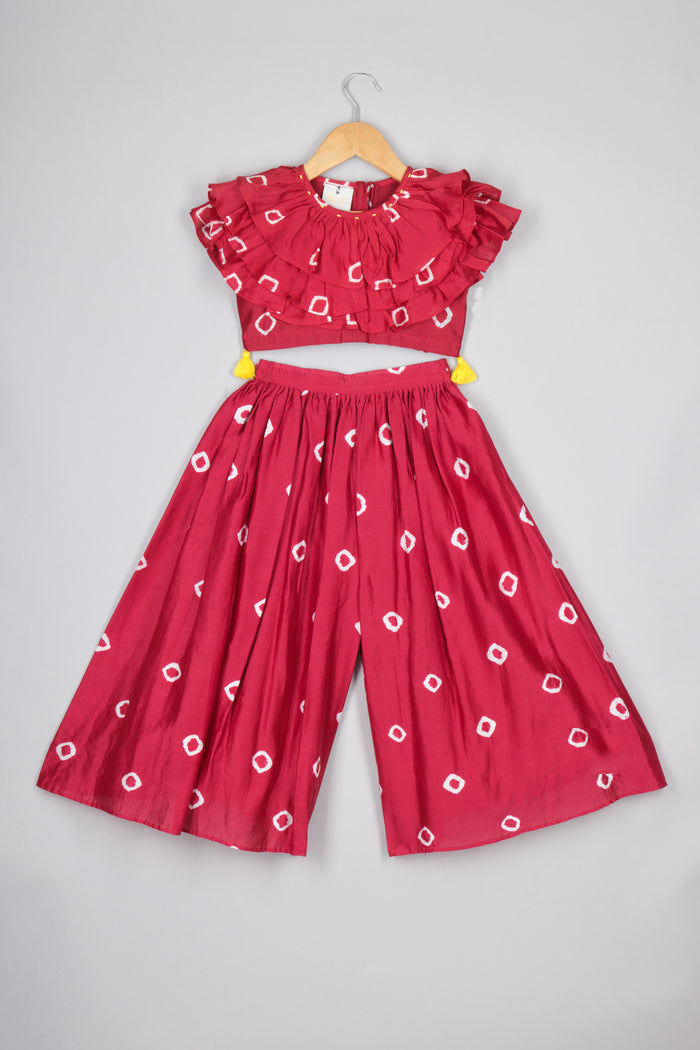 Red Bandhej Girls Ruffle Top and Pant Set