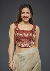 Red Floral Brocade Corset Sleeveless Readymade Blouse