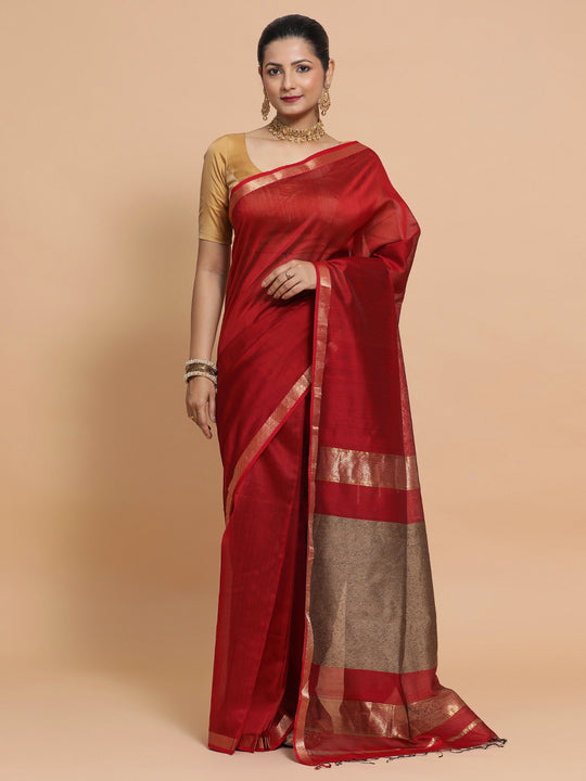 Red Maheshwari Silk Cotton Saree with Kosa