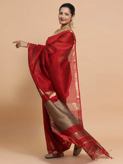 Red Maheshwari Silk Cotton Saree with Kosa
