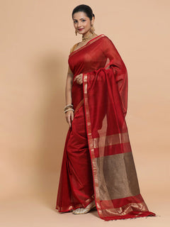 Red Maheshwari Silk Cotton Saree with Kosa