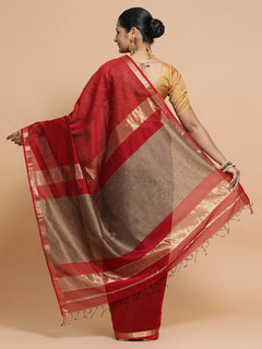 Red Maheshwari Silk Cotton Saree with Kosa