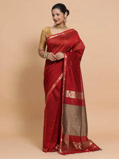 Red Maheshwari Silk Cotton Saree with Kosa