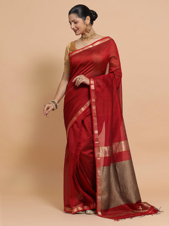 Red Maheshwari Silk Cotton Saree with Kosa
