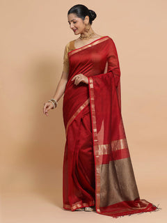Red Maheshwari Silk Cotton Saree with Kosa