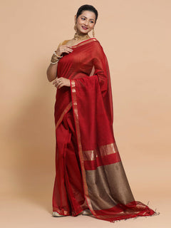 Red Maheshwari Silk Cotton Saree with Kosa