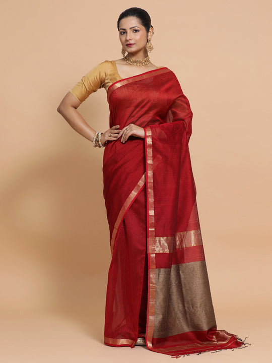 Red Maheshwari Silk Cotton Saree with Kosa