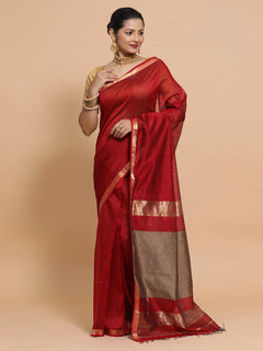 Red Maheshwari Silk Cotton Saree with Kosa