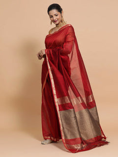 Red Maheshwari Silk Cotton Saree with Kosa