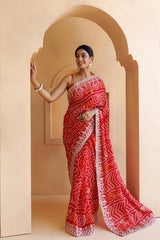 Red Hand Embroidered Gota Patti Bandhani Saree