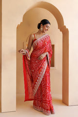 Red Hand Embroidered Gota Patti Bandhani Saree