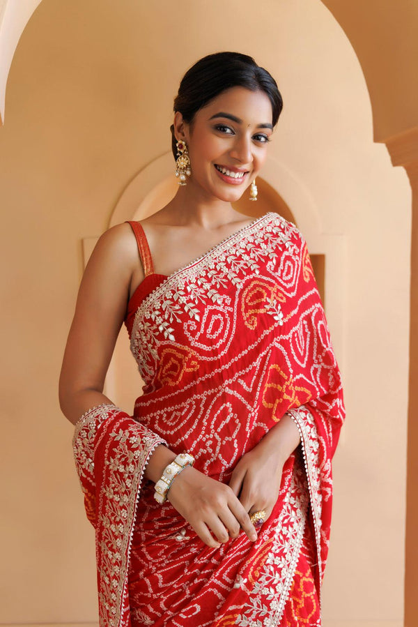 Red Hand Embroidered Gota Patti Bandhani Saree