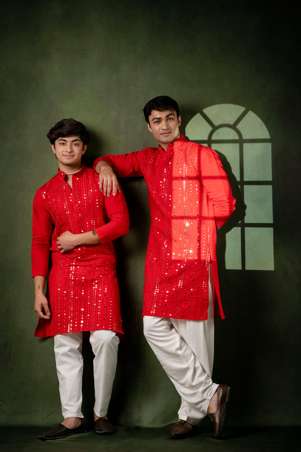 Red Sequin Mirror Kurta for Men