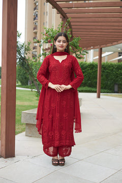 Mocha Blossom Viscose Georgette Straight Chikankari Kurta Set