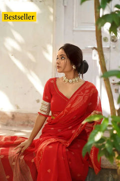 Red Handloom Cotton Woven Motifs Saree With Blouse