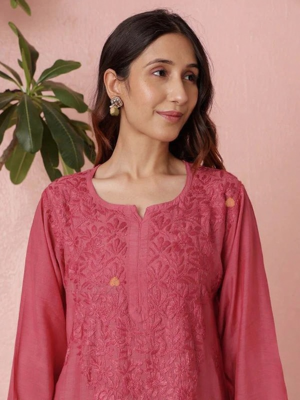 Premium Muslin Coral Pink Chikankari Kurti Palazzo Set