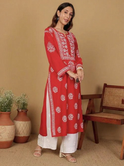 Rayon Long Chikankari Straight Kurti