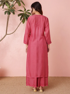 Premium Muslin Coral Pink Chikankari Kurti Palazzo Set