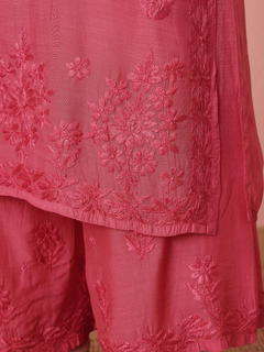 Premium Muslin Coral Pink Chikankari Kurti Palazzo Set