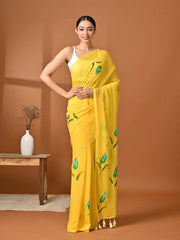 Hand painted yellow mulmul saree